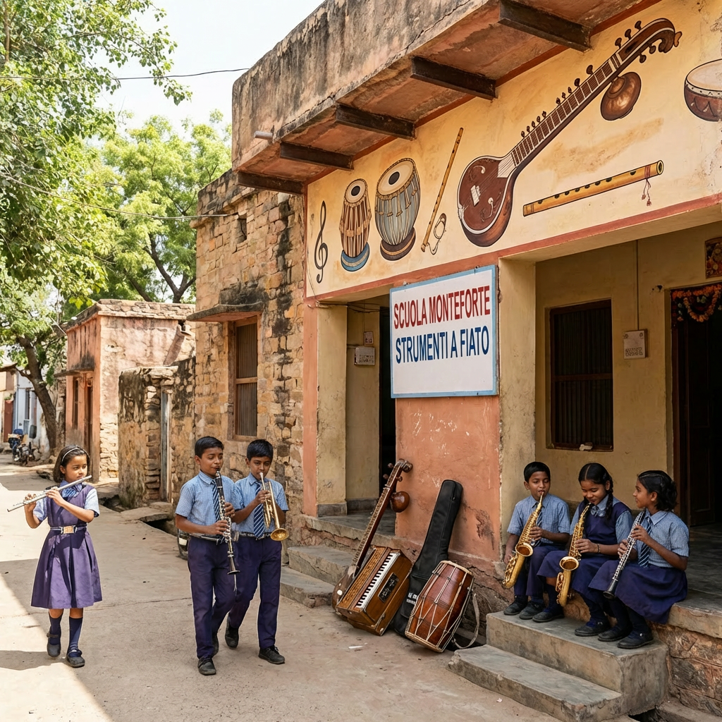 Children playing musical instruments outside the Banda Bal Sangeet Vidyalaya music school in India.