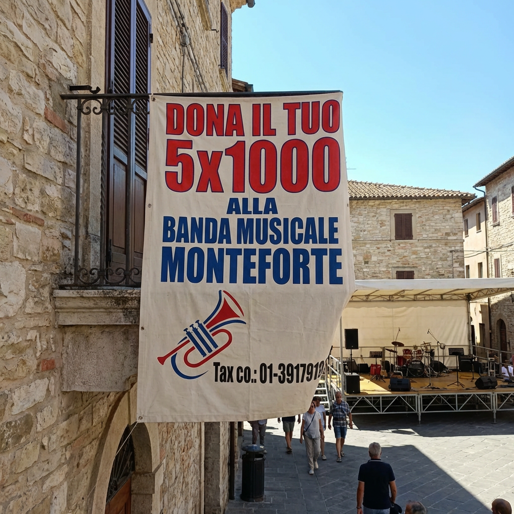 Banner text: DONA IL TUO 5x1000 ALLA BANDA MUSICALE MONTEFORTE Tax co.: 01-3917912.