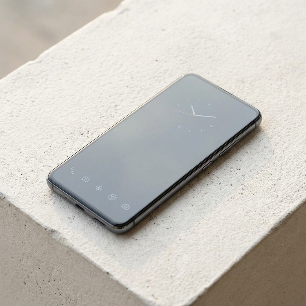 Smartphone on a textured stone surface displaying an analog clock and minimalist app icons.